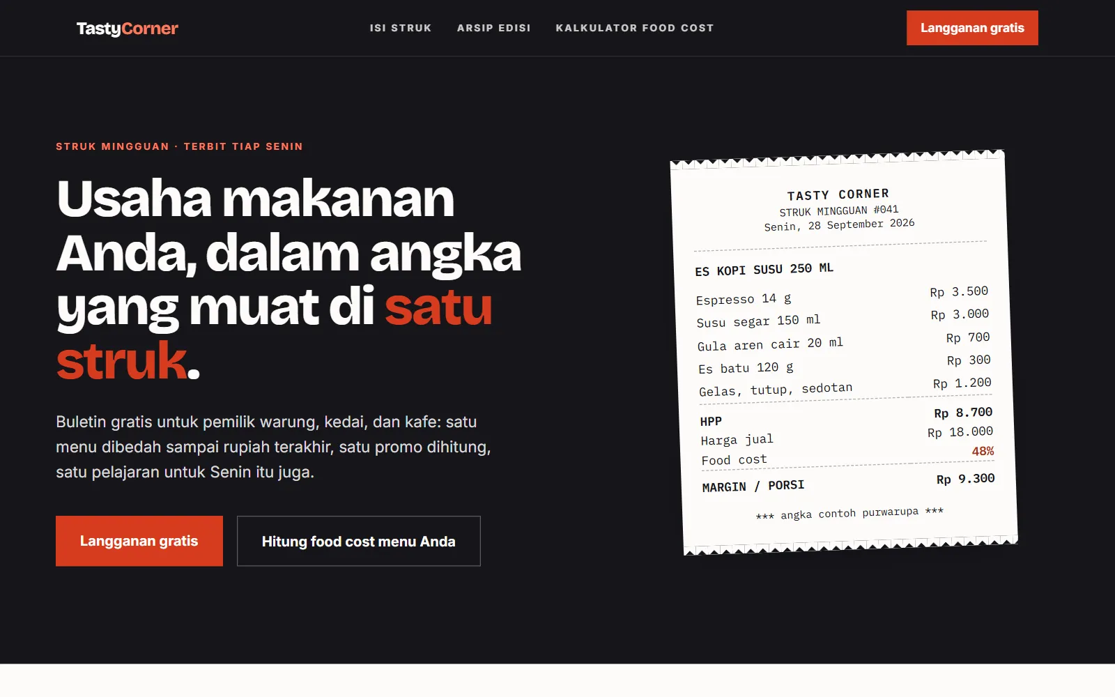 Tampilan layar pertama template Tasty Corner